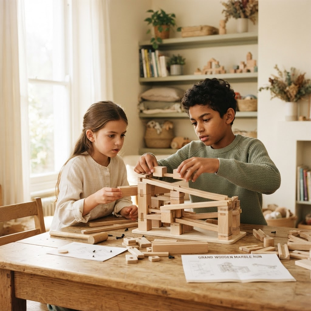 Two school-age children building a wooden project together at a sunlit table