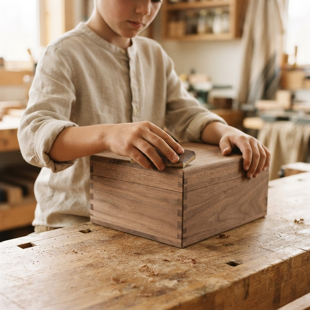 A child's hands carefully sanding a small wooden project in natural light