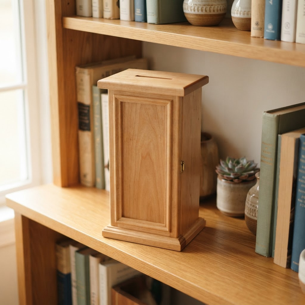 The finished Tzedakah Box displayed on a bookshelf in a warm family home