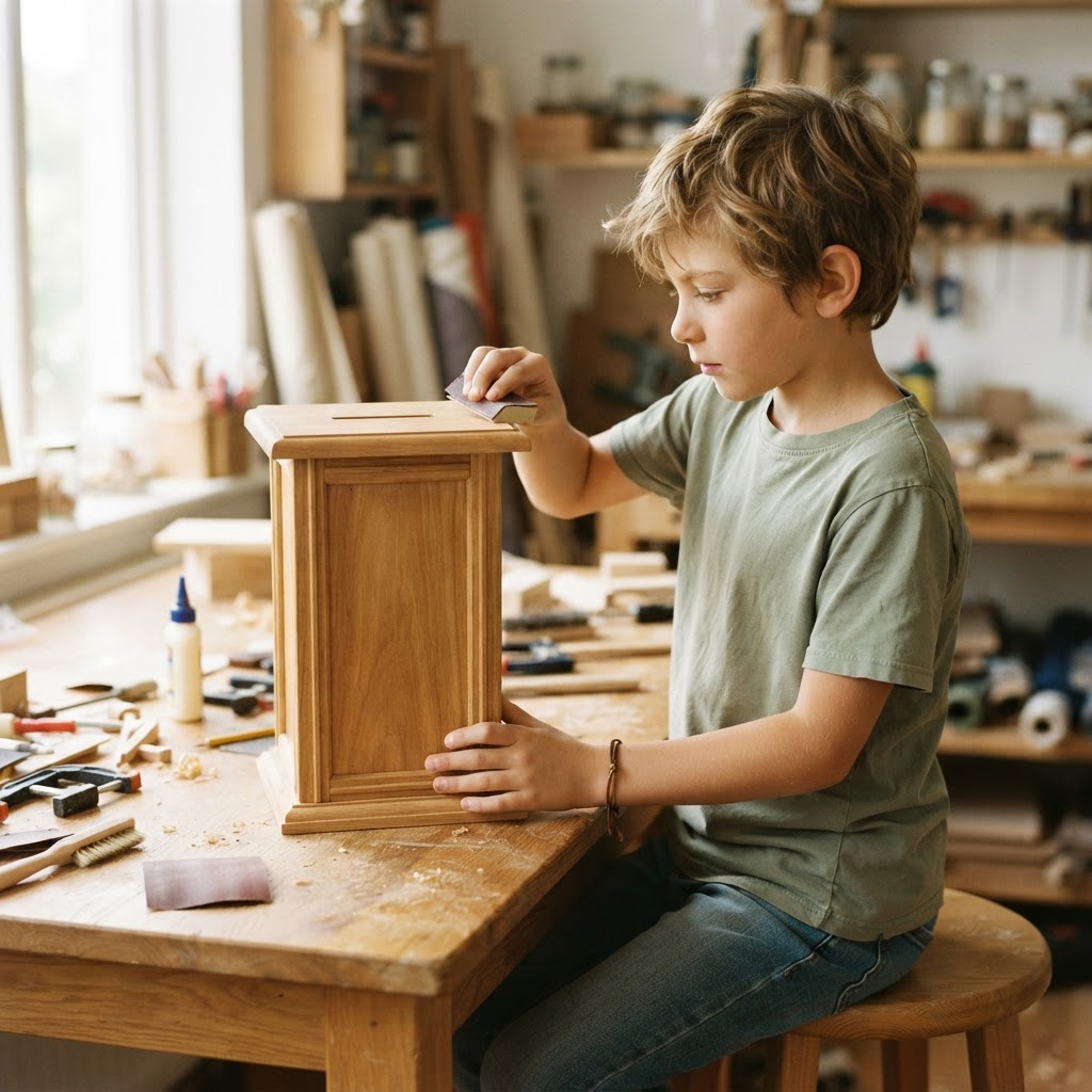 A child sanding and assembling the wooden Tzedakah Box at a sunlit table