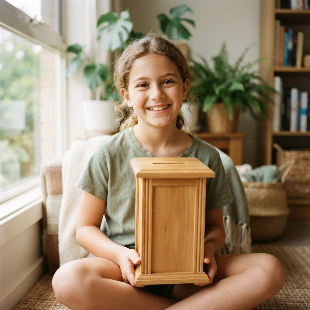 A smiling child proudly holding the finished handcrafted wooden Tzedakah Box in a warm sunlit home