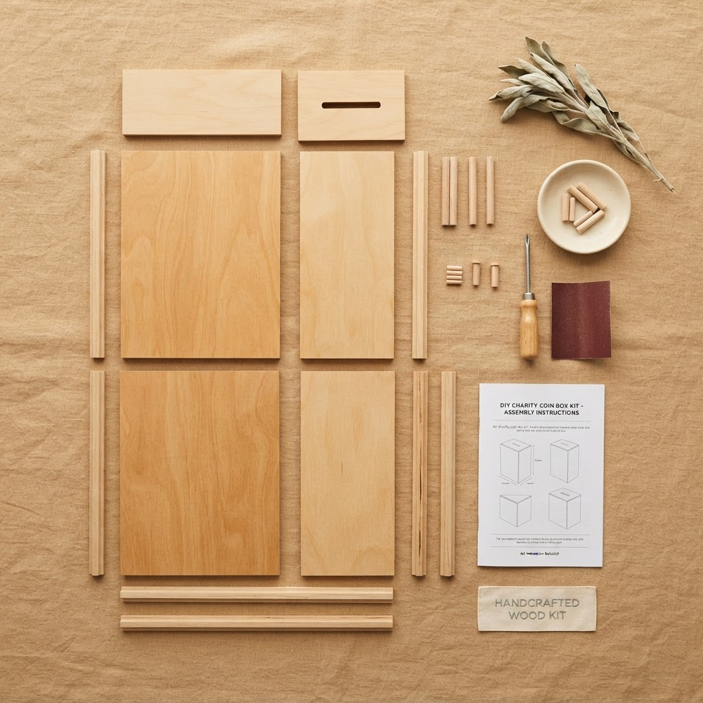 Flat lay of everything included in the Tzedakah Box kit